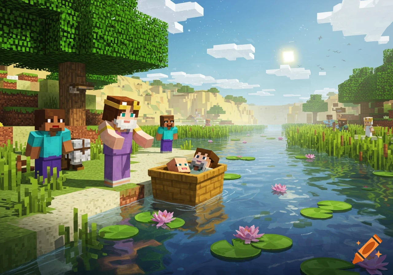 Minecraft characters depict Pharaoh's daughter finding baby Moses in a basket on a sunny river, surrounded by blocky trees and grass.