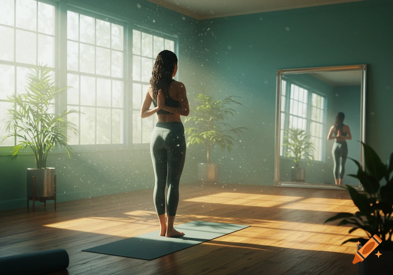 Woman in athletic wear doing yoga in a reverse prayer pose in a sunny room with plants and a mirror.