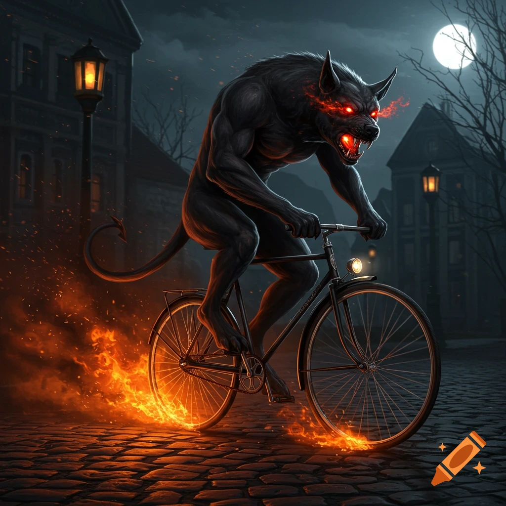 A black hellhound with glowing red eyes rides a flaming bicycle down a dark, moonlit cobblestone street past old buildings.