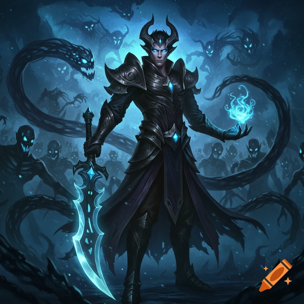 Dark fantasy warrior in black armor with glowing blue accents, holding a glowing sword and magic, surrounded by shadowy creatures.