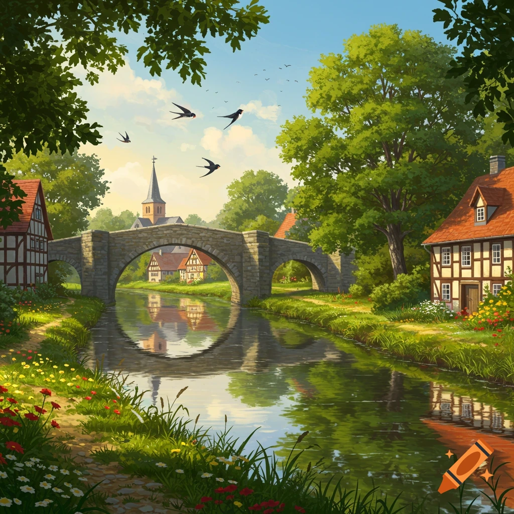 An idyllic summer illustration of a European village with a stone bridge over a river, surrounded by half-timbered houses, a church, and lush trees.