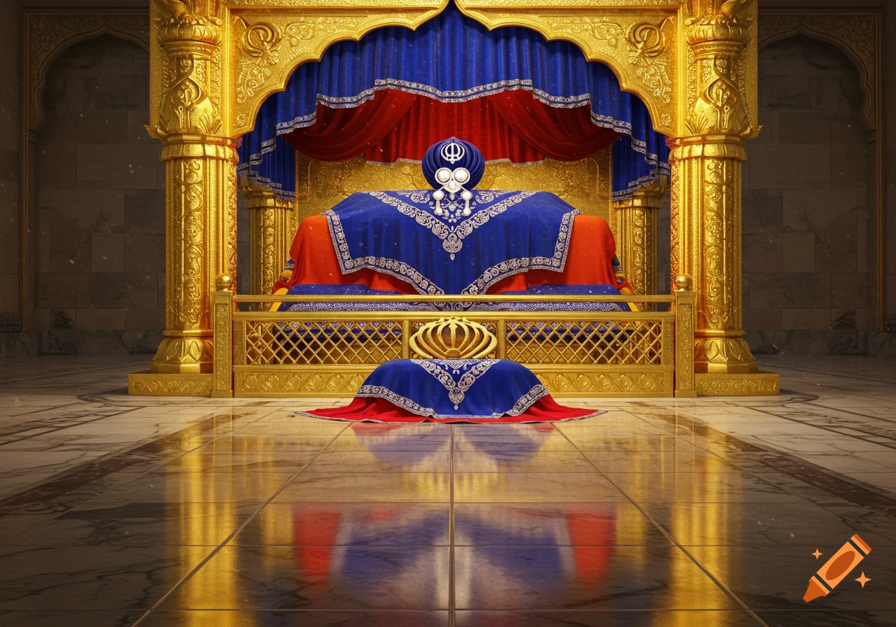 A golden shrine with blue and red drapes, housing the Shri Guru Granth Sahib on a gold and marble floor.