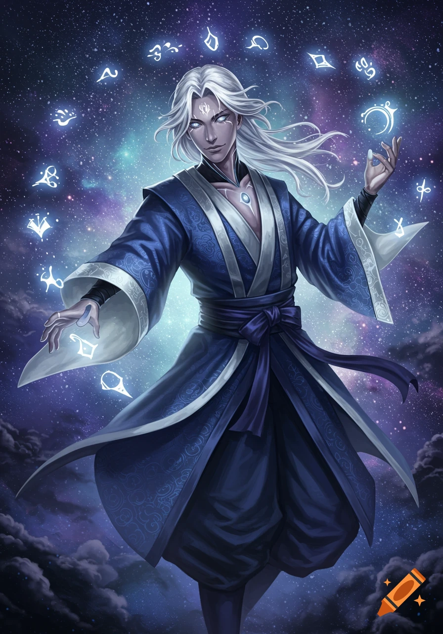 White-haired male sorcerer in a blue robe, conjuring glowing symbols against a cosmic sky, in a fantasy anime art style.