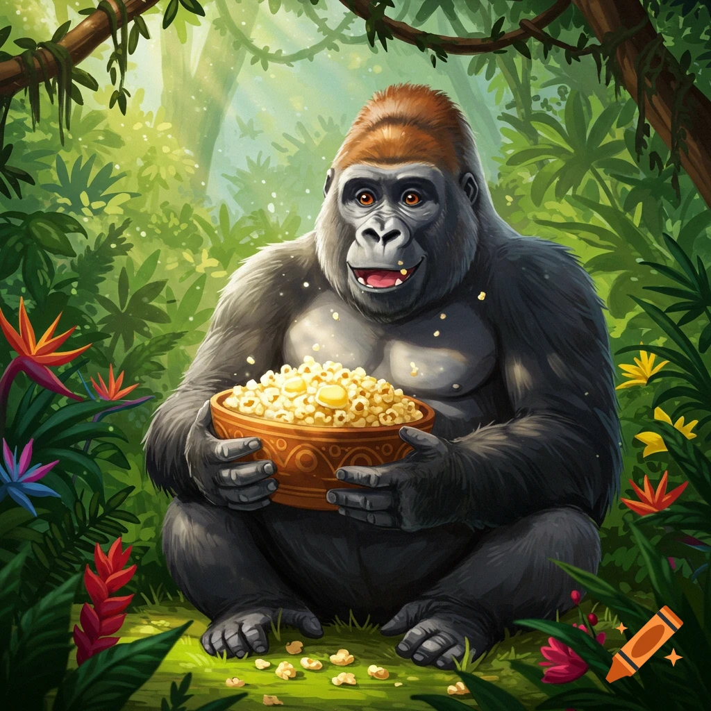A smiling cartoon gorilla sits in a lush jungle, holding a bowl of popcorn with some spilled on the ground.