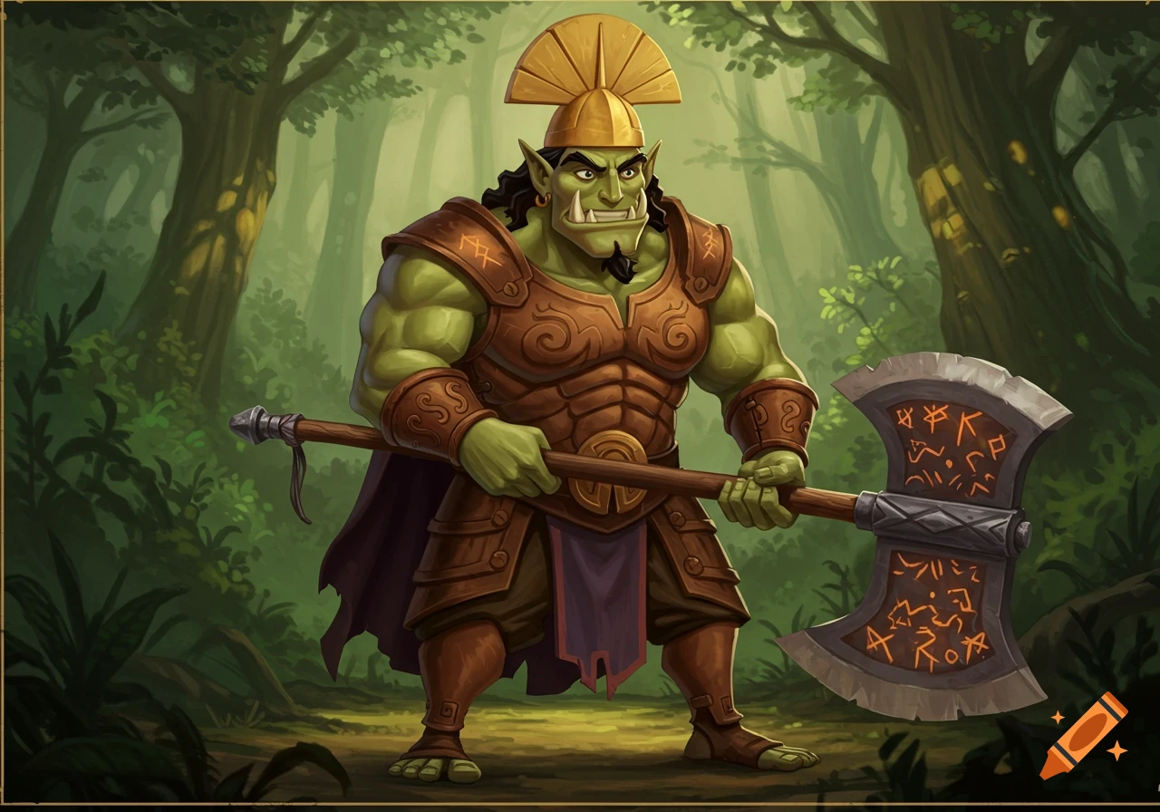 A cartoonish green-skinned orc warrior in brown armor and a golden helmet stands in a forest, holding a large axe.
