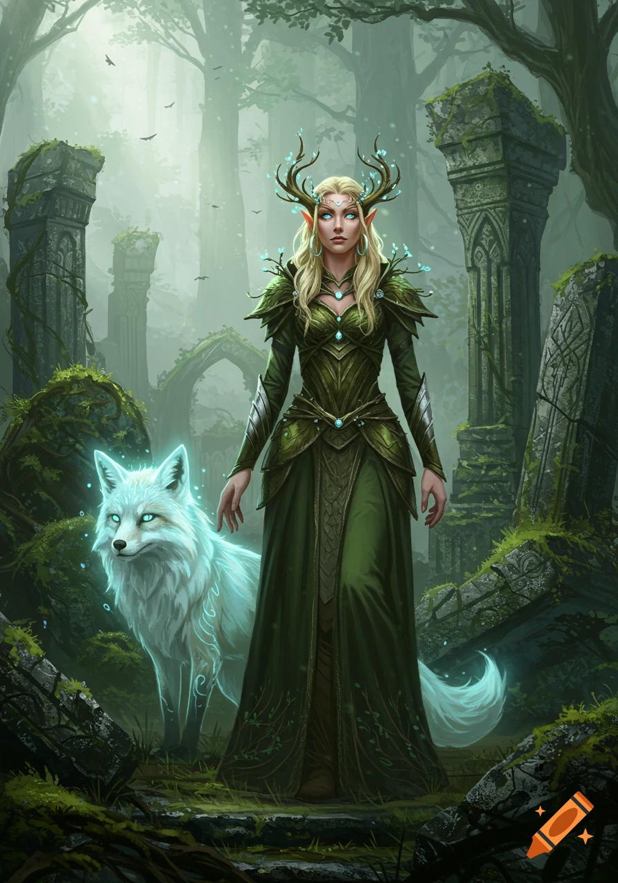 A blonde elf-like forest warrior witch with an antler crown, in a green dress, stands with a glowing white fox amidst misty ancient ruins.
