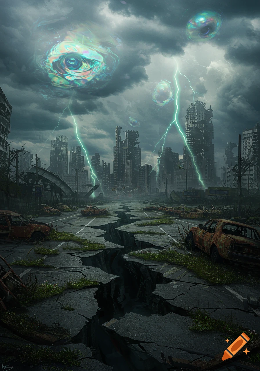 A dystopian cityscape ravaged by war, featuring cracked roads, rusted cars, destroyed buildings, and glowing eye-like anomalies floating in a stormy, lightning-filled sky.