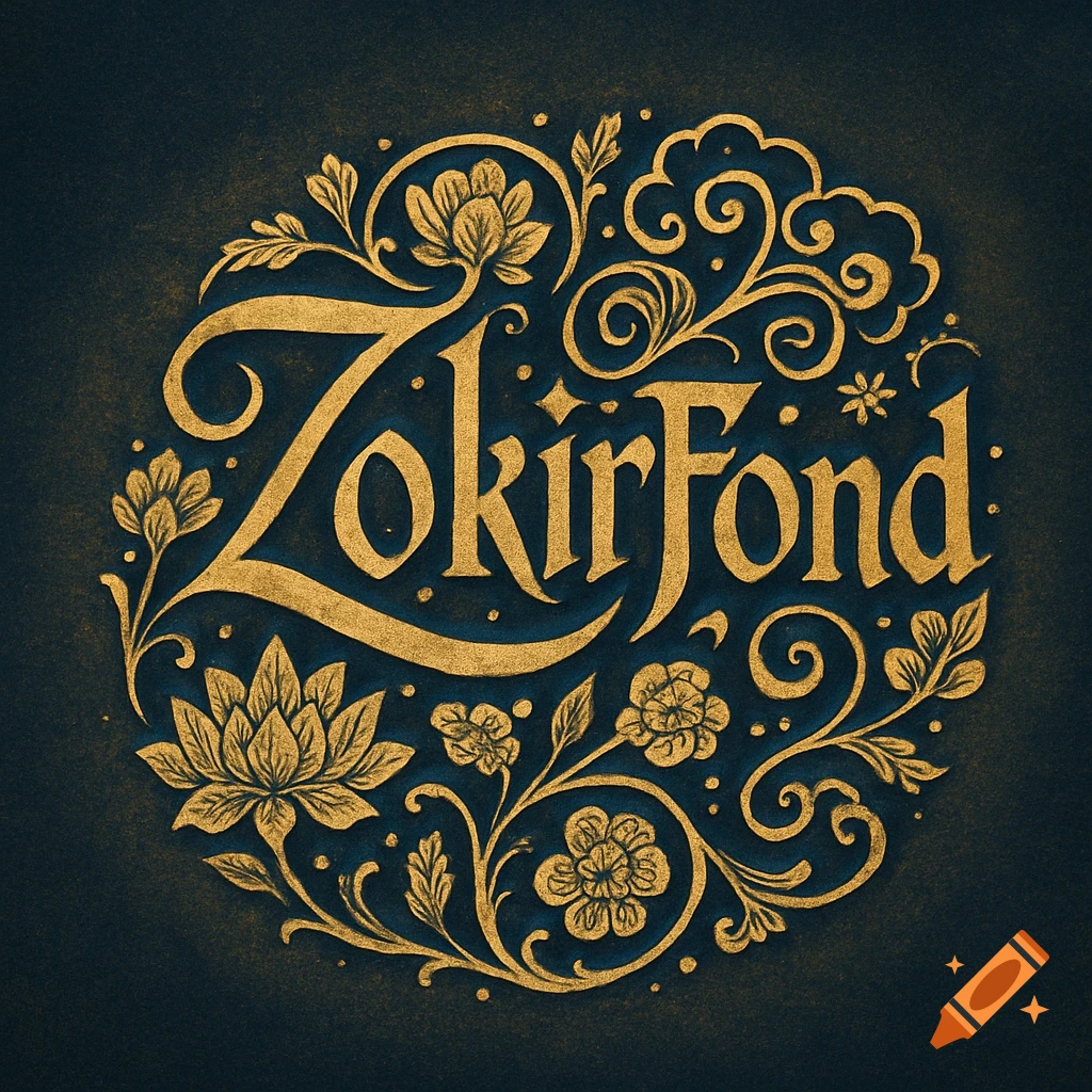 Ornate gold text 'ZokirFond' in a circular floral design on a dark blue background.