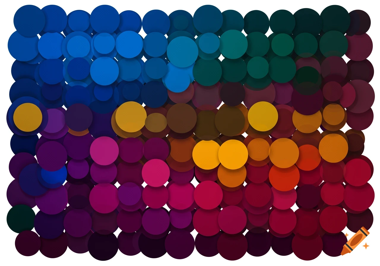 An abstract pattern of overlapping circles forming a color gradient from blue and teal to purple, pink, orange, and red.