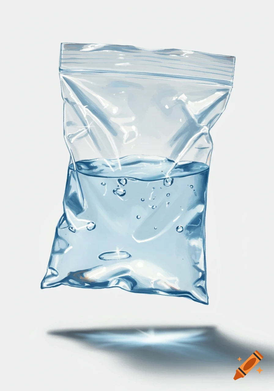Digital illustration of a clear plastic ziploc bag filled with water, floating.