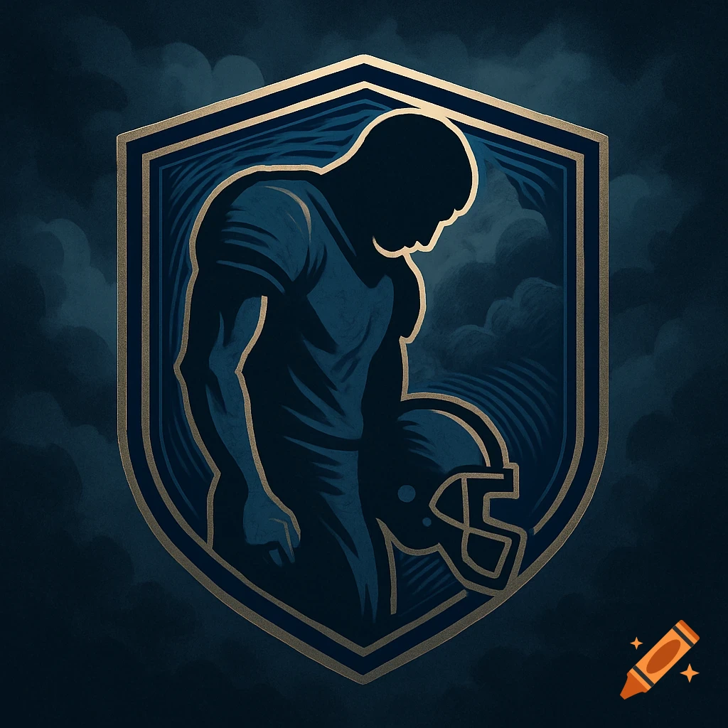Dark blue and gold stylized football logo featuring a player's silhouette holding a helmet inside a shield.