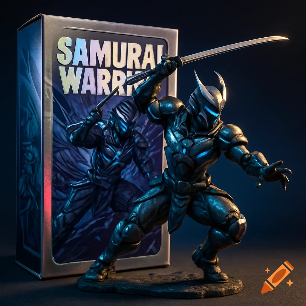 Photorealistic dark armored samurai warrior action figure holding a katana, standing before its box with 'SAMURAI WARRIOR' text.
