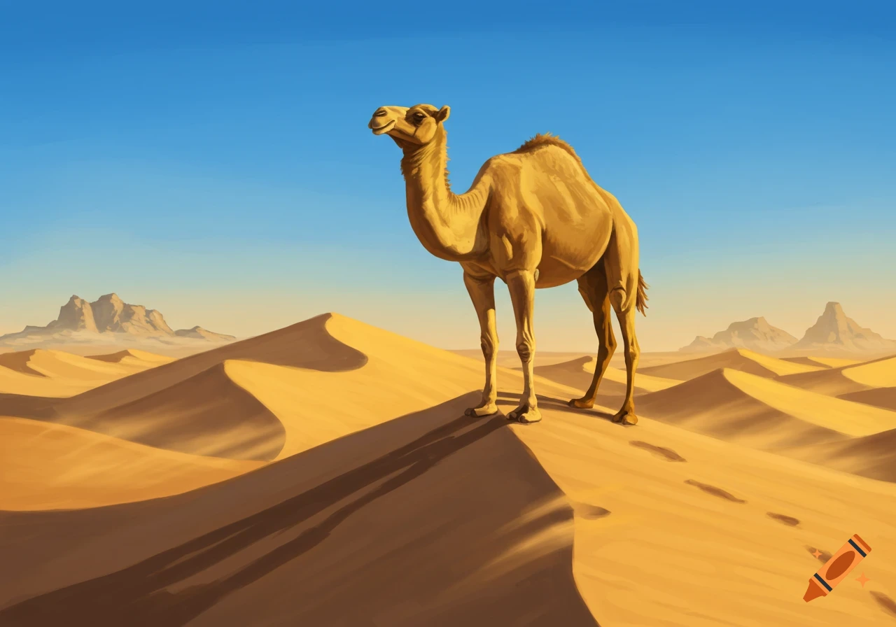 A golden camel stands on a sandy dune in a vast desert under a clear blue sky, with distant mountains.