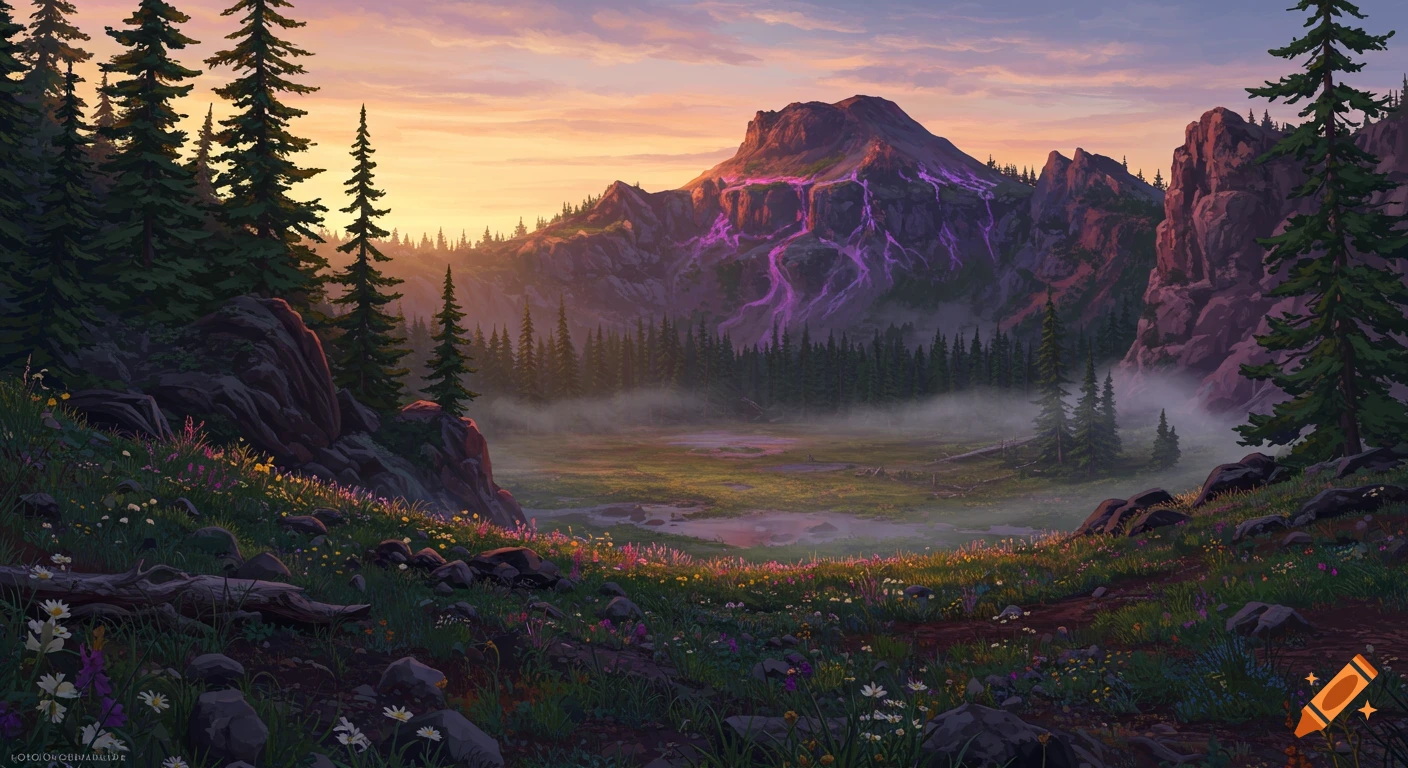 Vibrant painting of a mountain landscape at golden hour, with purple-streaked mountains, evergreen trees, a misty valley, and wildflowers.