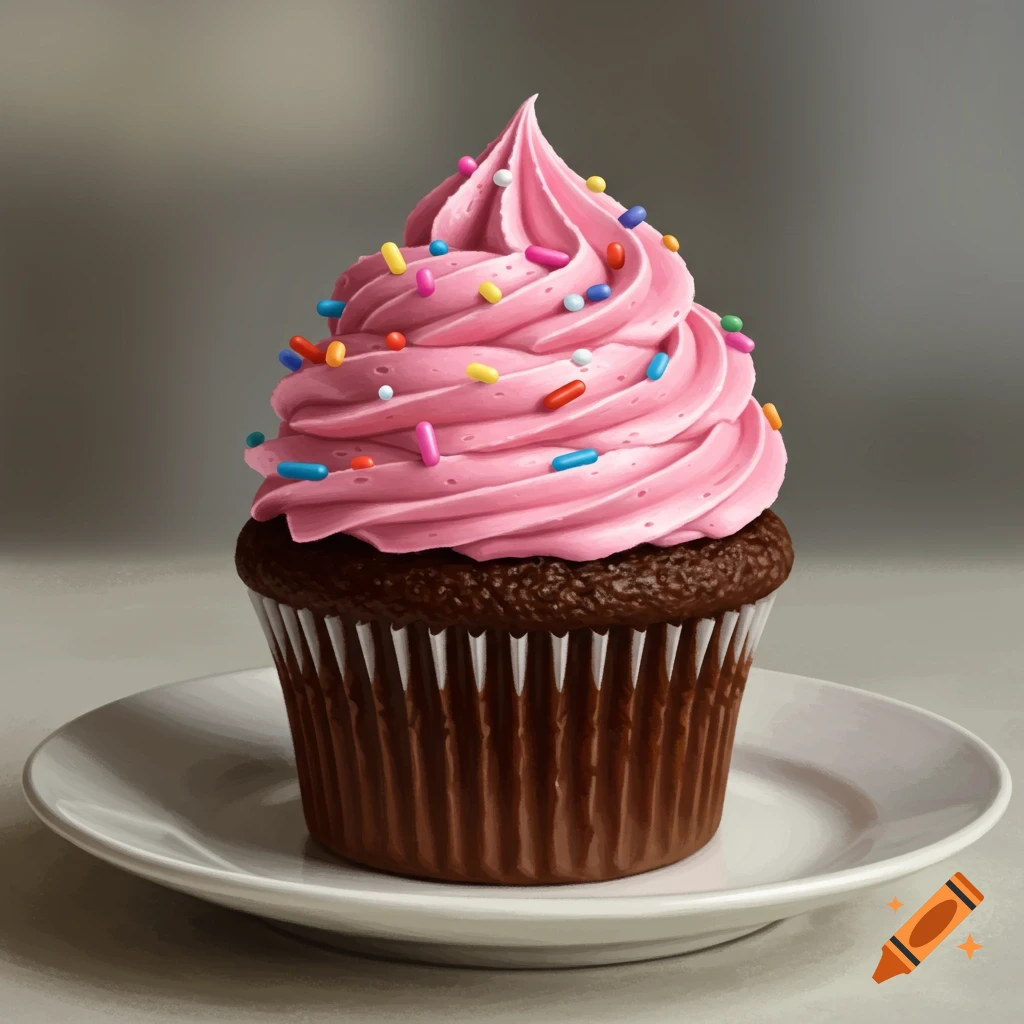 Photorealistic chocolate cupcake with a swirl of pink frosting and colorful rainbow sprinkles, sitting on a white plate.