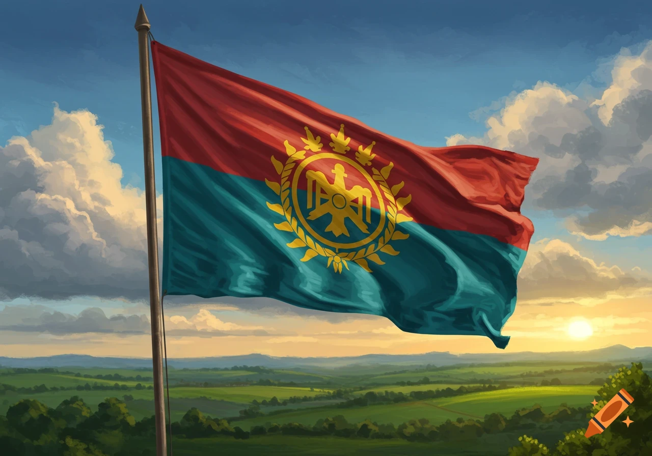 A red and teal flag with a golden emblem featuring a stylized eagle waves on a pole against a sunset sky over a green landscape.
