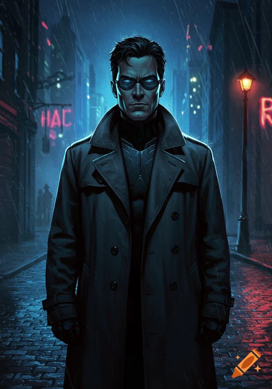 A man with glowing blue eyes, wearing a trench coat, stands on a rainy, dark city street with neon signs in comic book style.