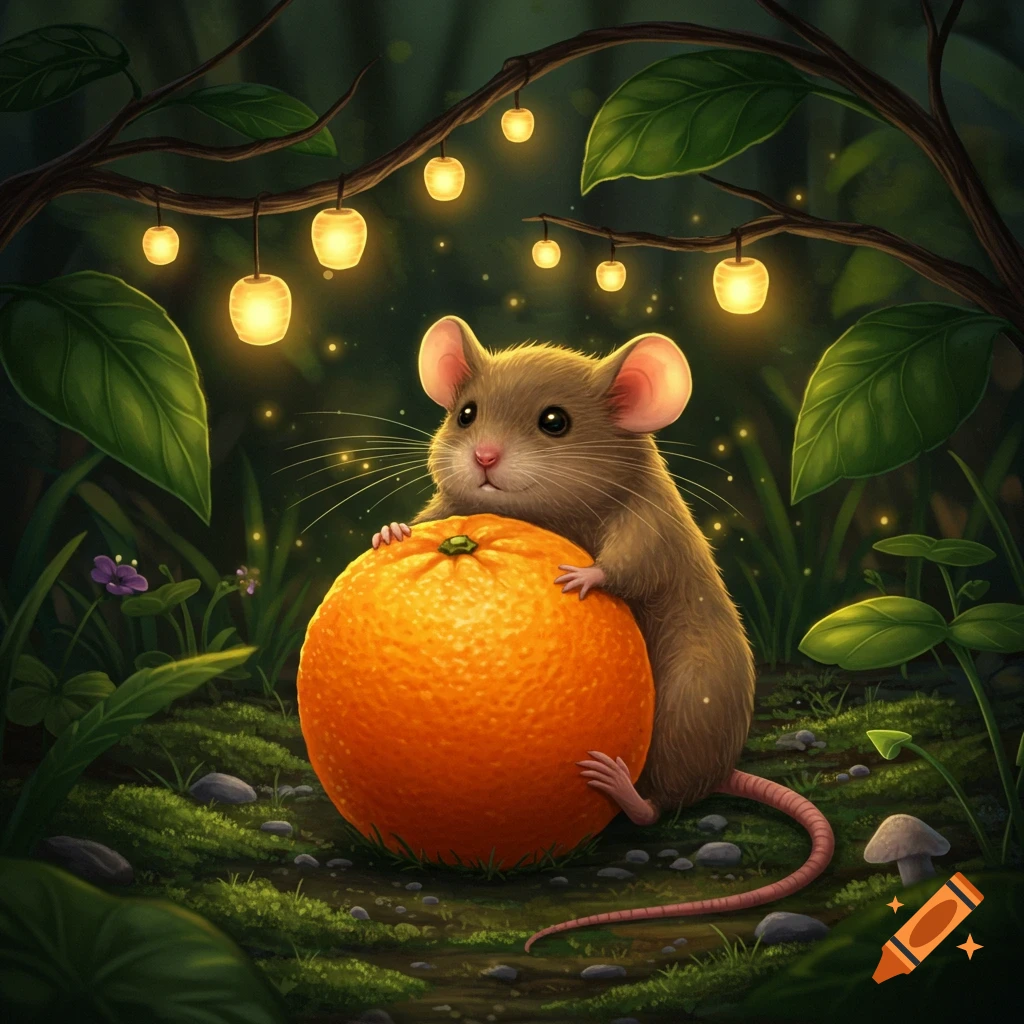 A whimsical illustration of a small brown mouse hugging a large orange in a dark, glowing forest at night.