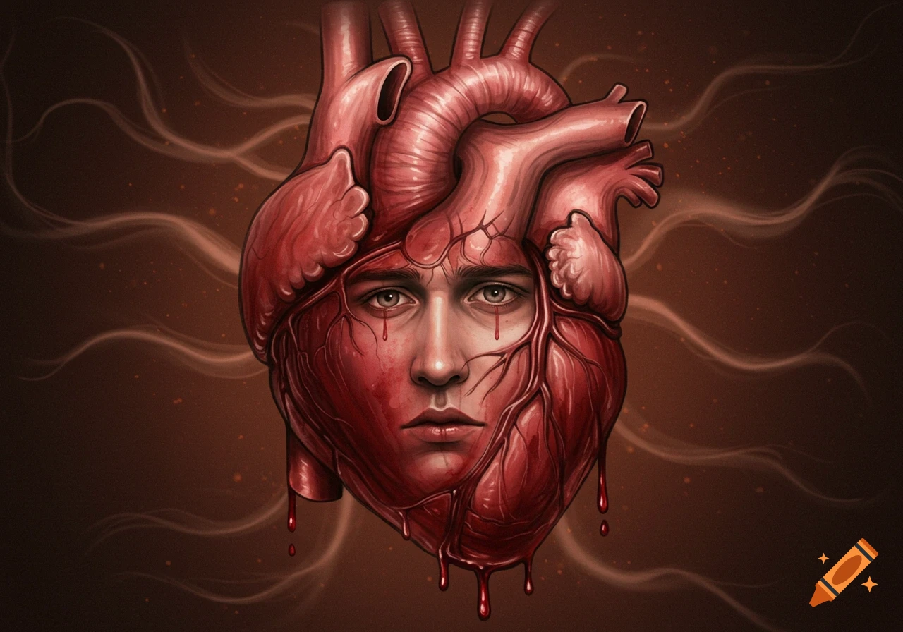 Stylized illustration of a human heart with a man's face embedded, crying blood, with blood dripping from the bottom.