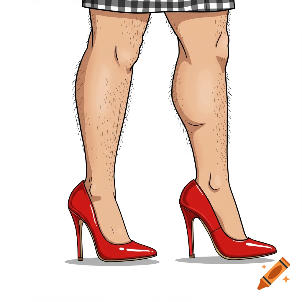 Illustration of hairy legs wearing a plaid mini skirt and red high heels.