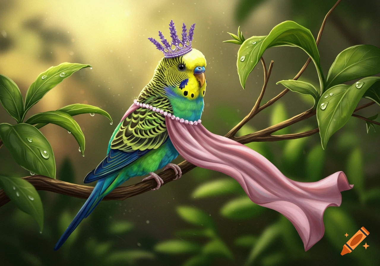 A vibrant green and yellow budgie wearing a lavender crown and pink dress sits on a branch with dewy green leaves in a sunny, illustrative style.