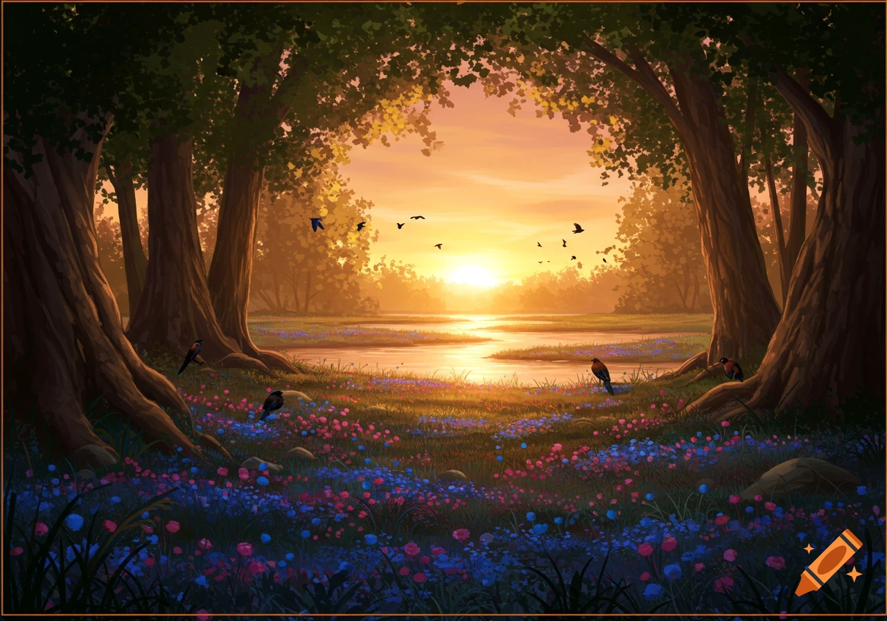 A vibrant forest landscape with a river reflecting the sunset, framed by large trees. Colorful blue and pink wildflowers cover the foreground, with birds flying and perched near the water.