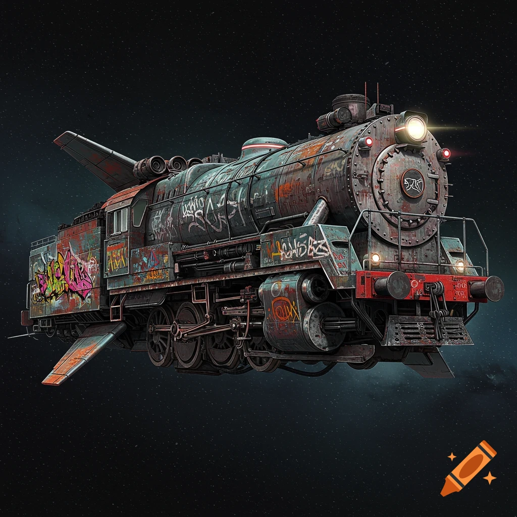 A rusty, graffiti-covered 1950s diesel locomotive spaceship with wings and pipes instead of wheels, flying through space.