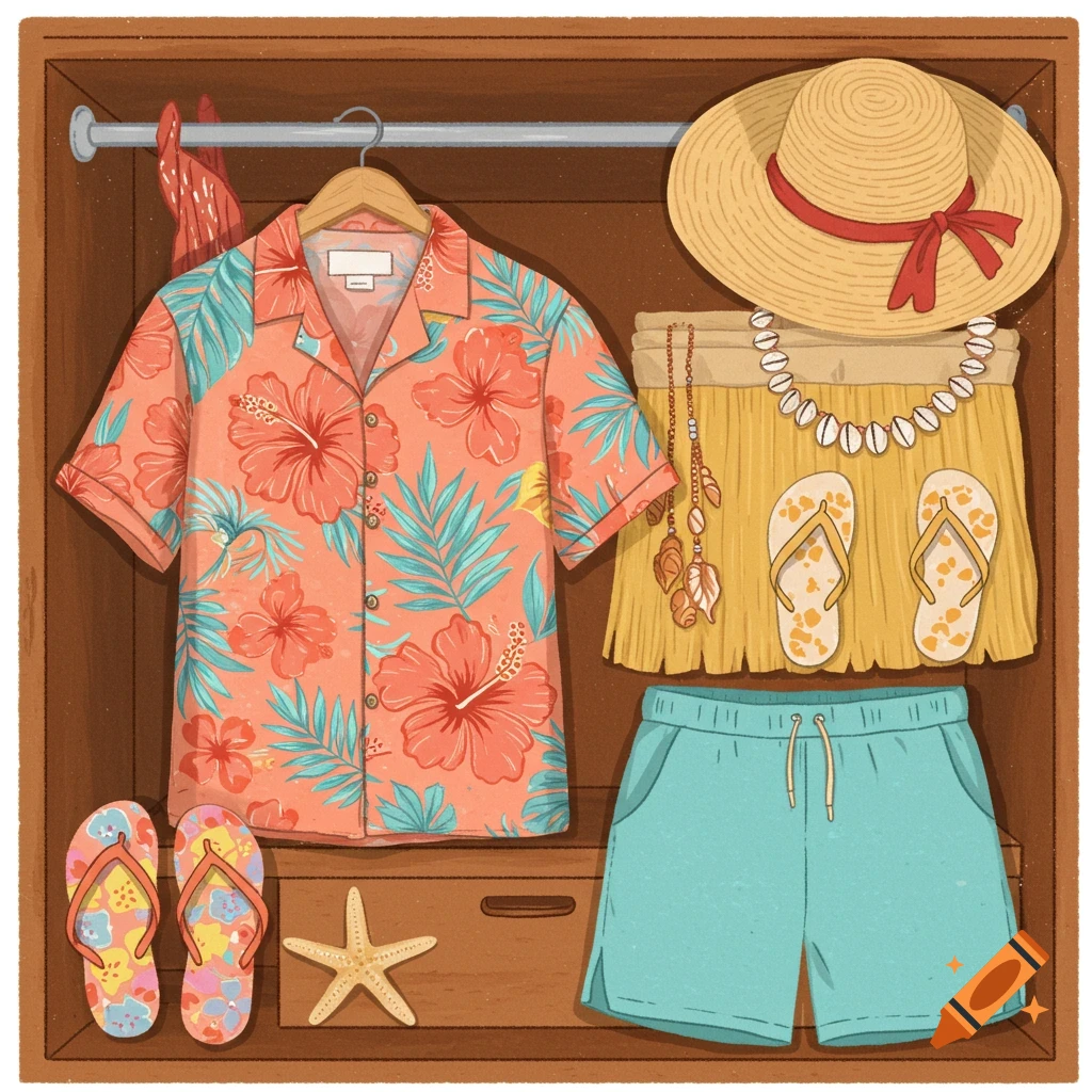 An illustration of a wooden wardrobe containing Hawaiian vacation clothing: a hibiscus shirt, straw hat, grass skirt, shorts, and flip-flops.