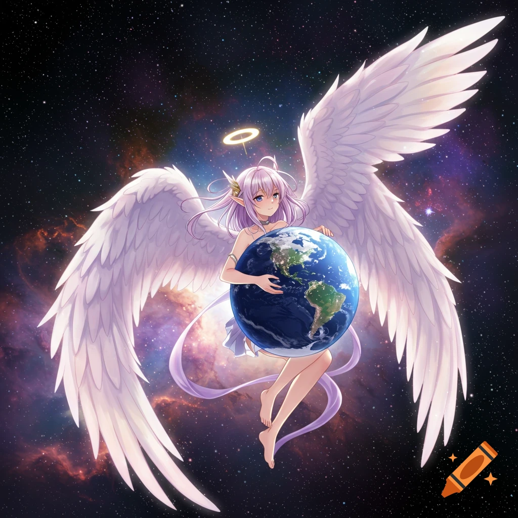 A stylized anime angel with large white wings and a halo floats in deep space, holding planet Earth.