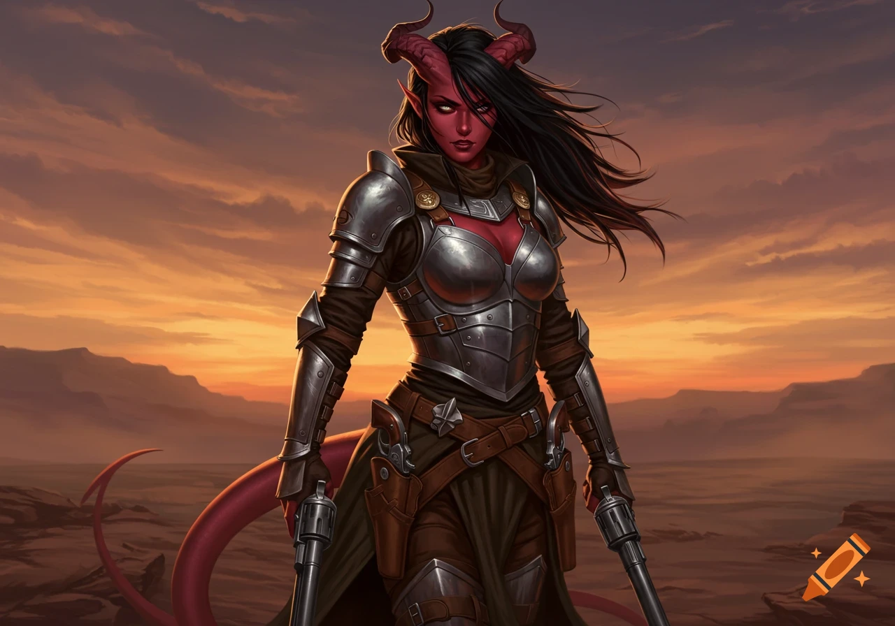 A red-skinned female tiefling warrior in silver armor holds two revolvers, standing against a sunset sky in a desolate landscape.