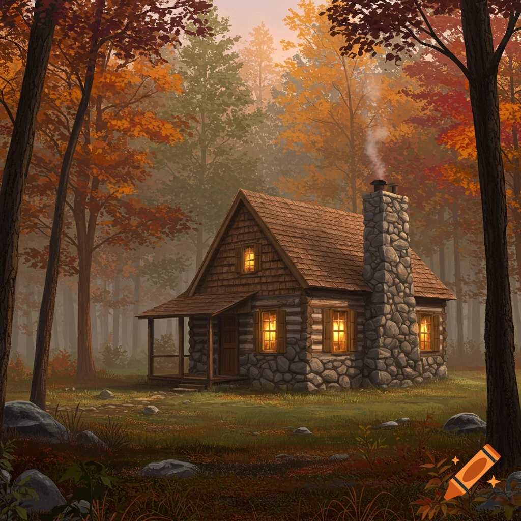 A cozy log and stone cabin with glowing windows and a smoking chimney nestled in a misty autumn forest with colorful fall foliage.