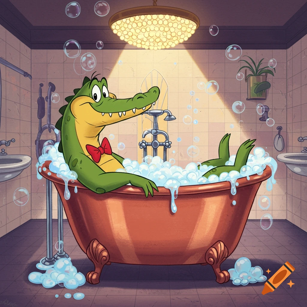 Cartoon alligator with a bow tie enjoying a bubble bath in a copper tub in a tiled bathroom.