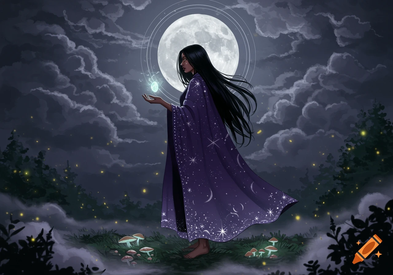 A witch in a starry purple cloak holds a glowing orb in a magical forest at night under a full moon. Digital art.