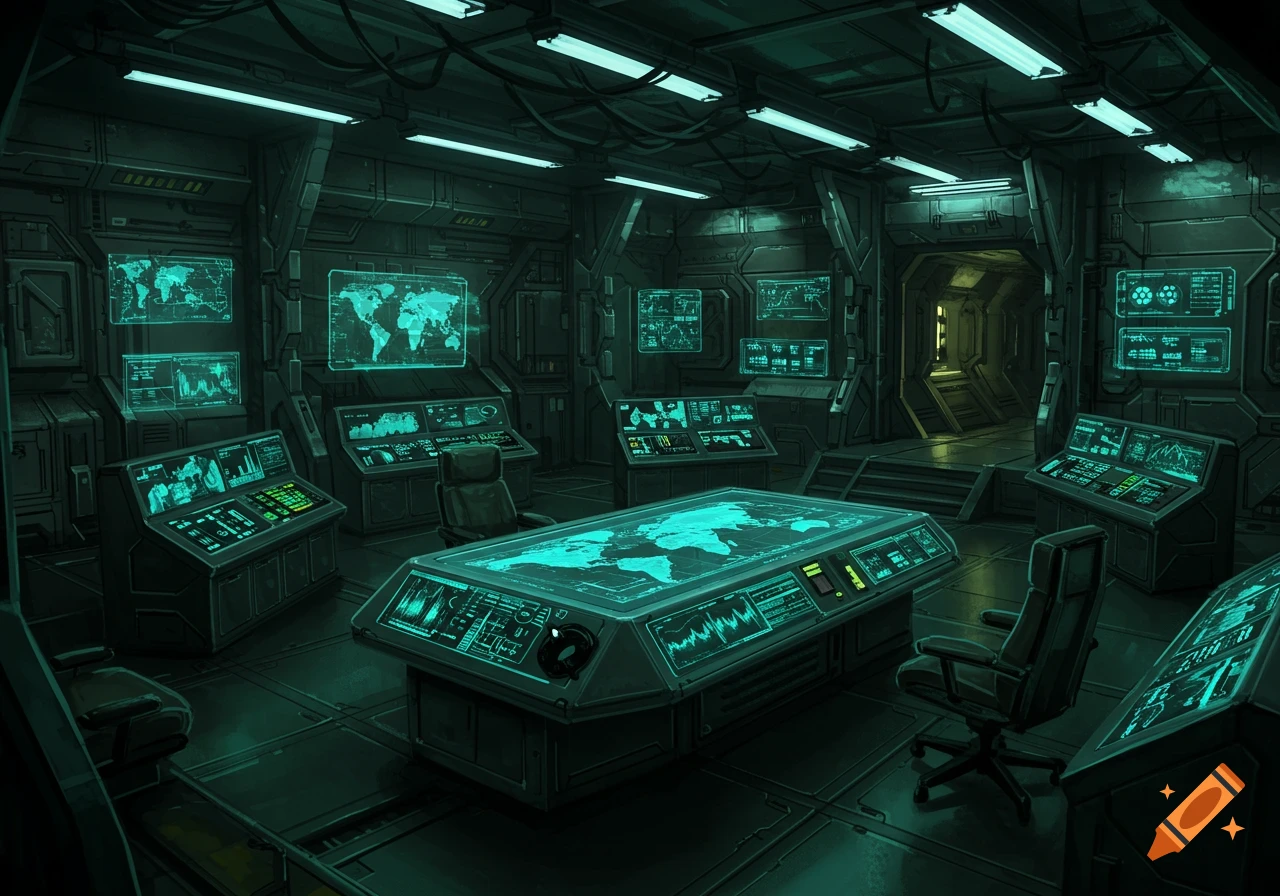 A dark, futuristic control room glowing with teal light, featuring numerous screens displaying maps and data on consoles and walls.