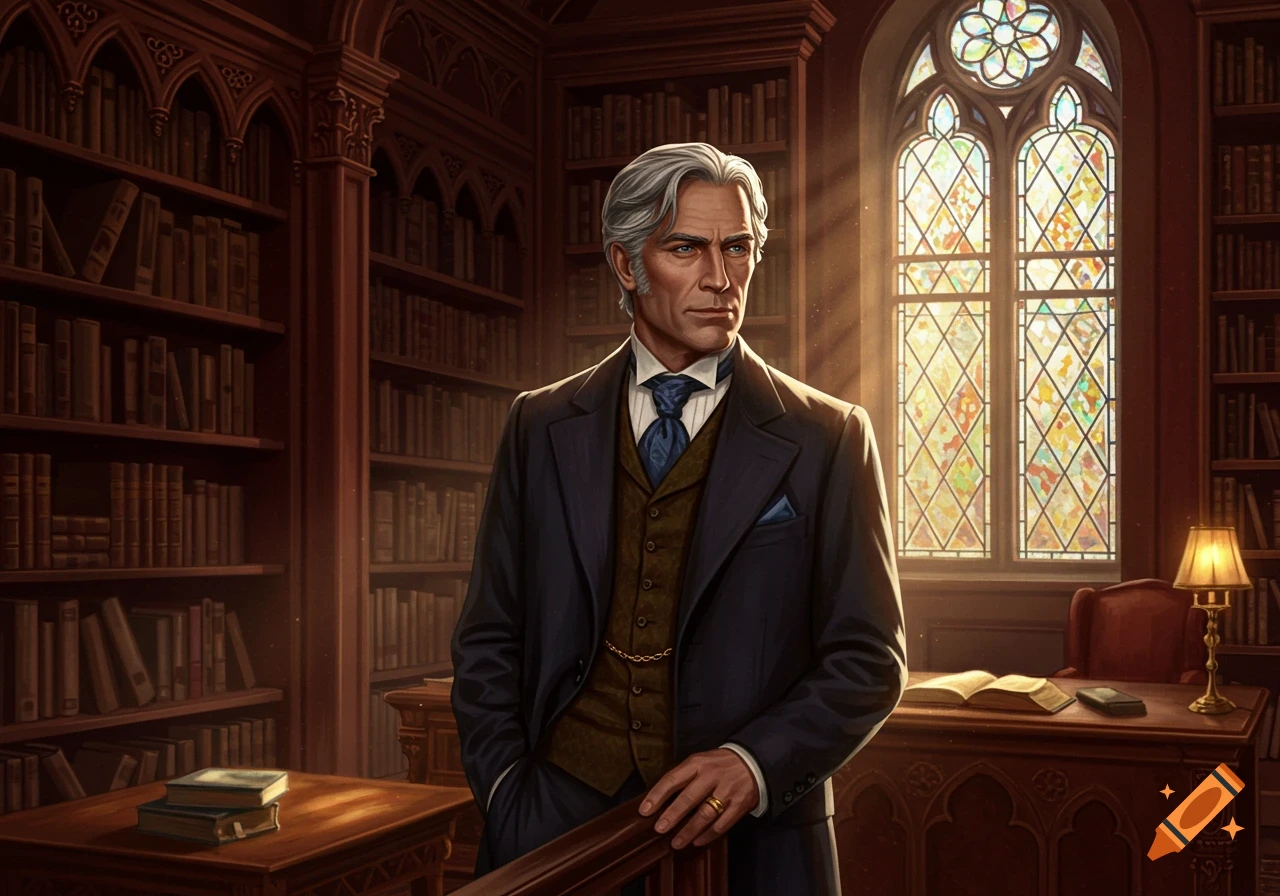 A distinguished silver-haired man in a dark suit and brown vest stands in a grand library with bookshelves and a stained-glass window.