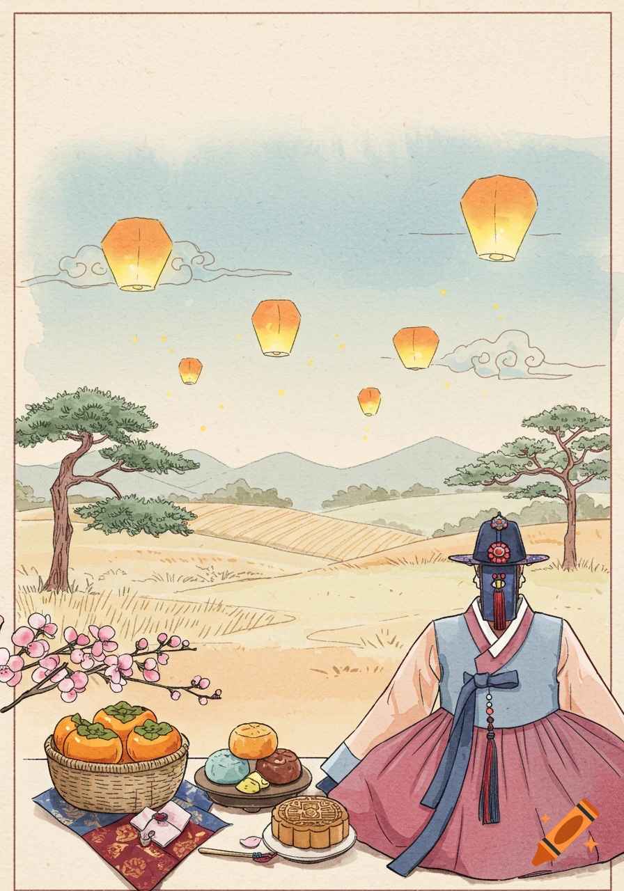 A watercolor illustration of a person in hanbok watching sky lanterns over a rural landscape, with persimmons and traditional Korean desserts in the foreground.