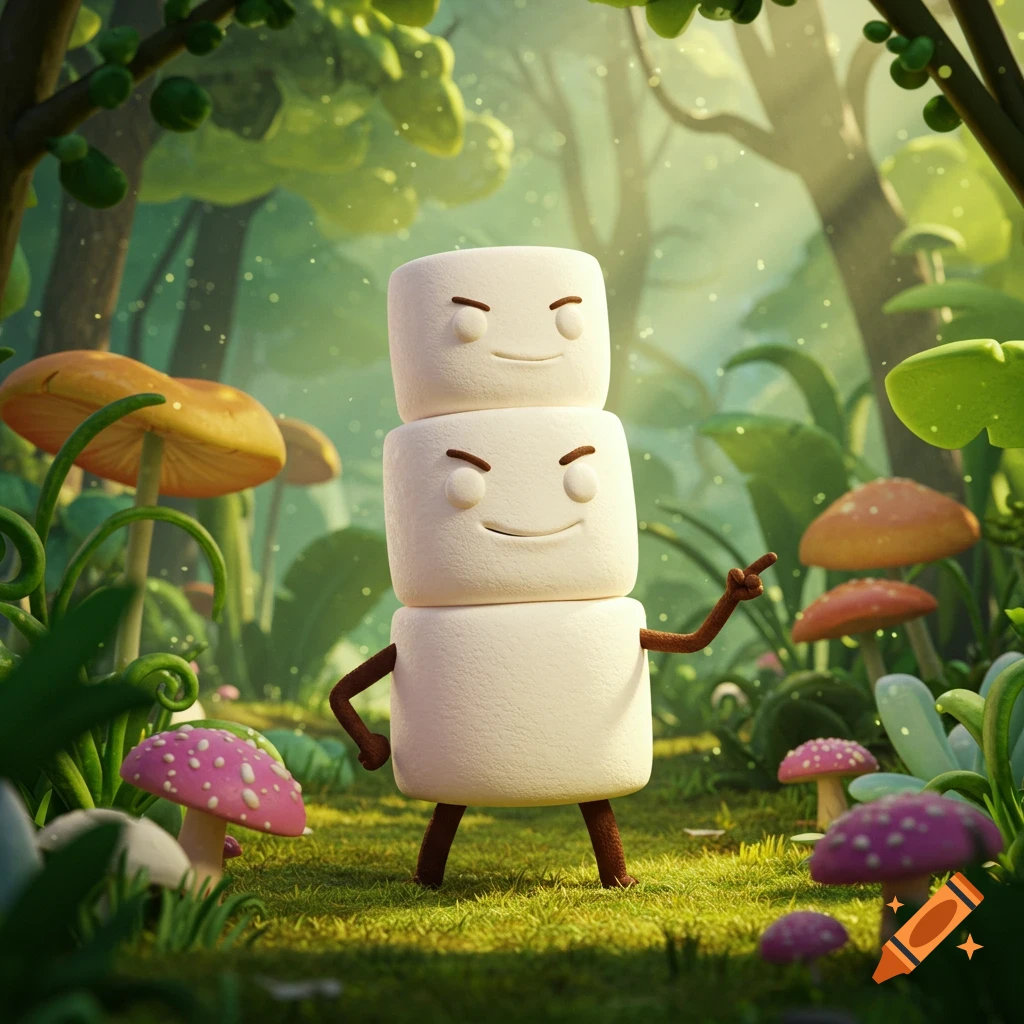 A three-stacked marshmallow character with stick arms and legs, a cheeky grin, and expressive eyebrows, points a finger in a lush, stylized forest with mushrooms and dappled sunlight.