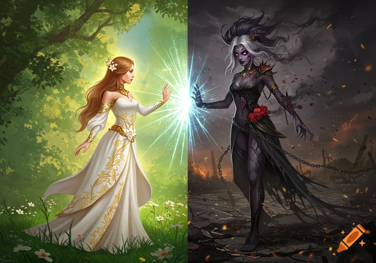 Two fantasy goddesses; one radiant in a forest, the other dark in a wasteland, touching a glowing magical divide.