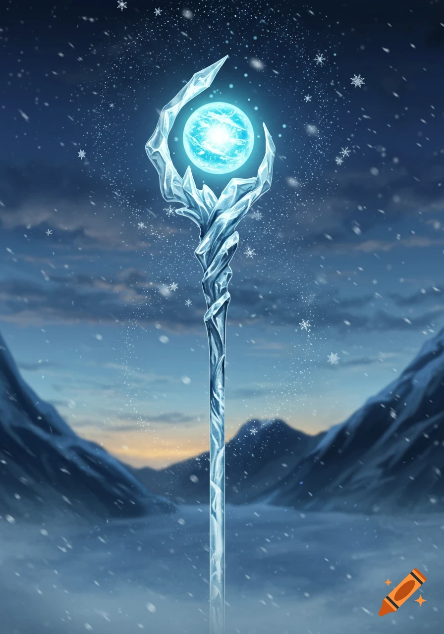 A glowing ice staff stands upright in a snowy mountain landscape under a twilight sky with falling snowflakes.