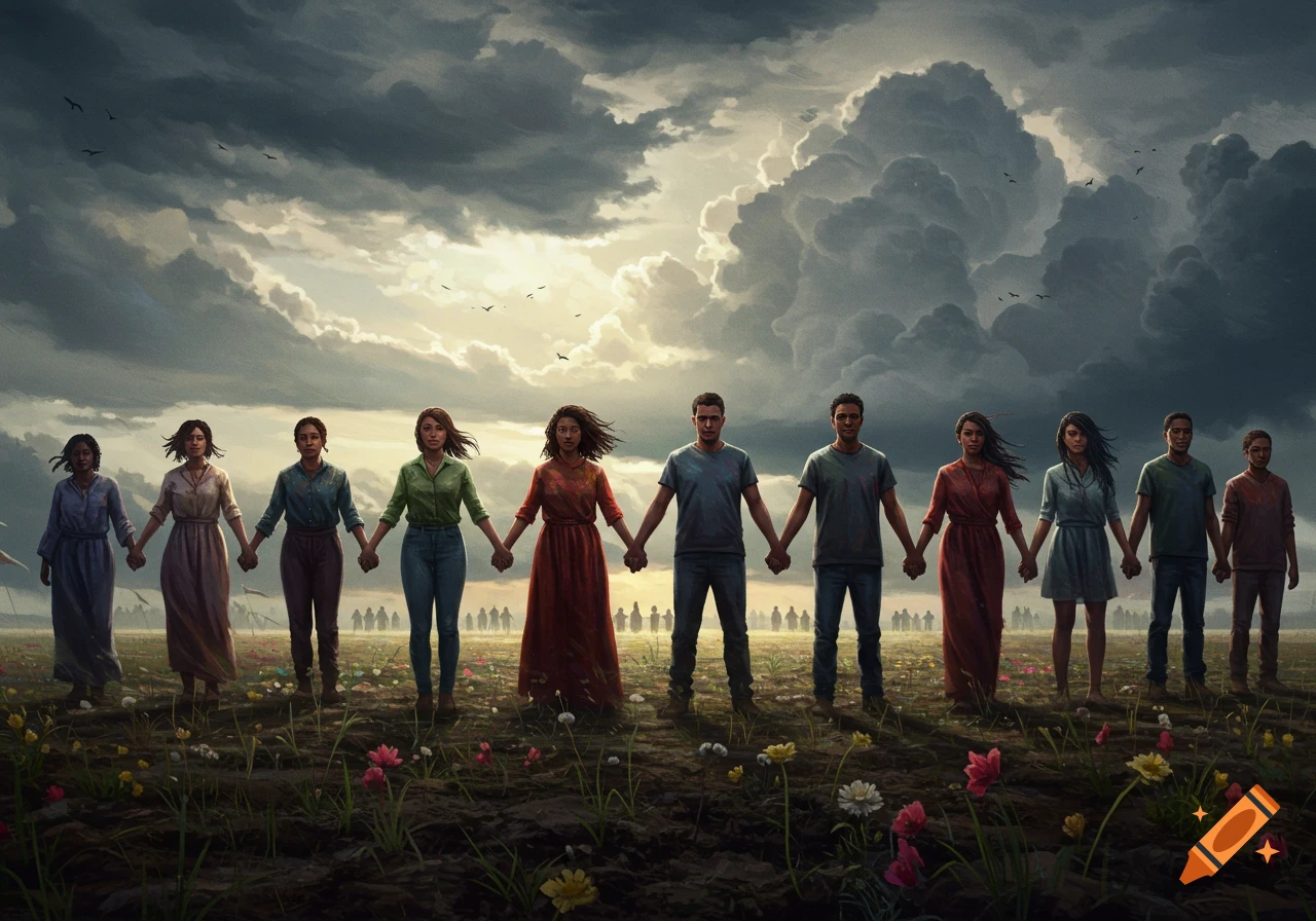 Diverse group holding hands in a field with flowers under a dramatic cloudy sky, digital painting.