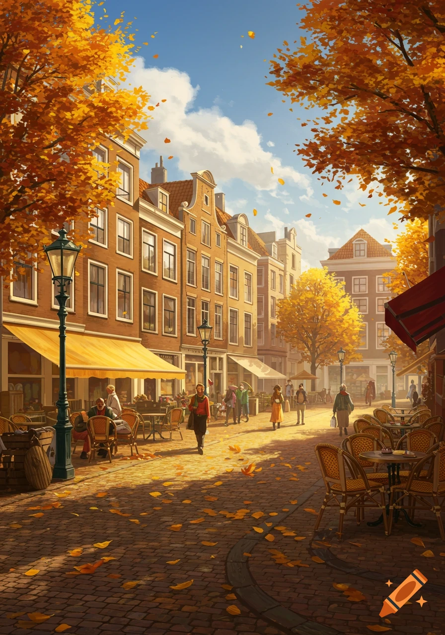 A picturesque autumn street scene with people walking and dining at outdoor cafes under golden trees and a blue sky.