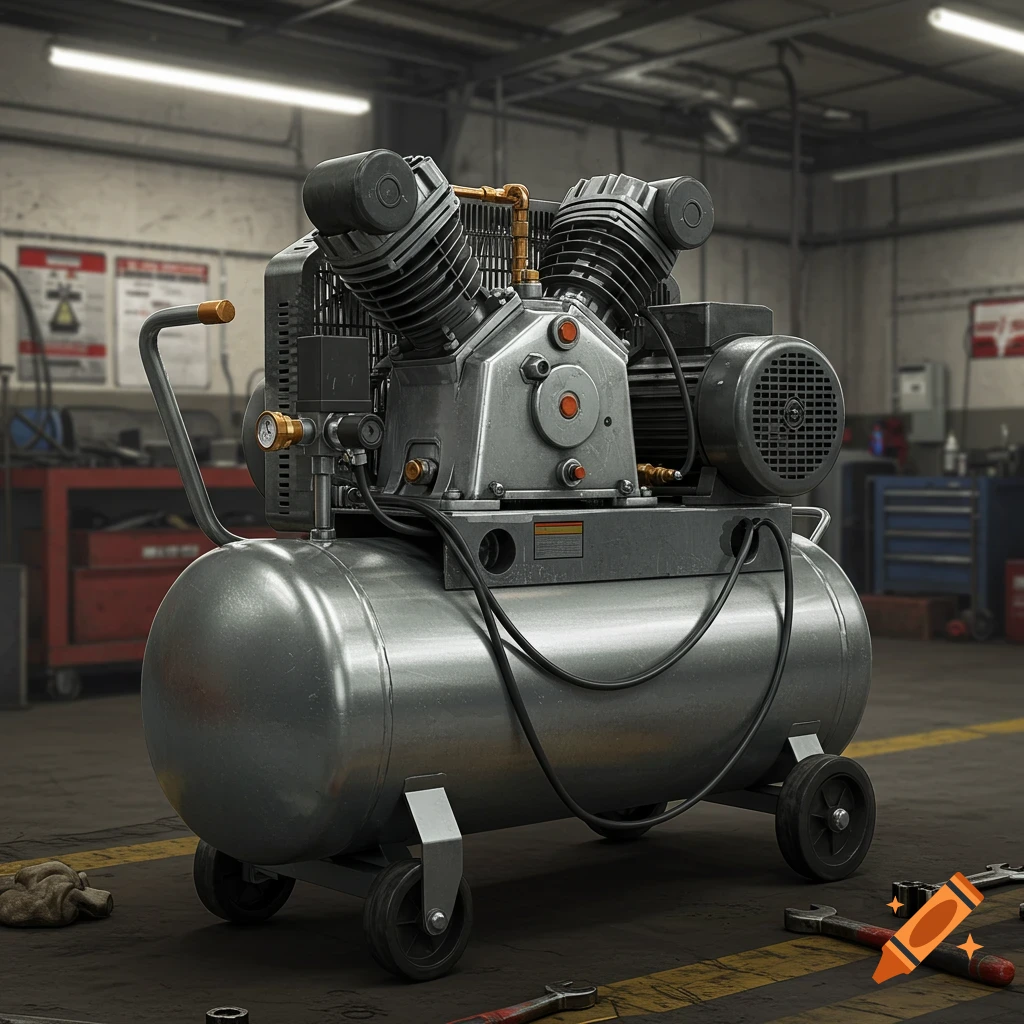 Photorealistic piston air compressor with a large silver tank on wheels, in a garage with tools on the floor.