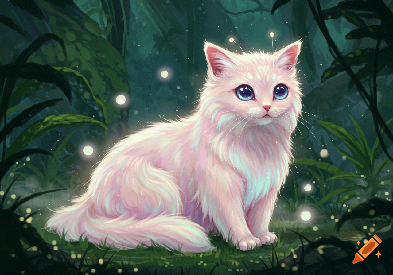 A fluffy pink cat with large blue eyes and glowing antennae sits in a dark, magical forest with sparkling lights, in an illustrated style.