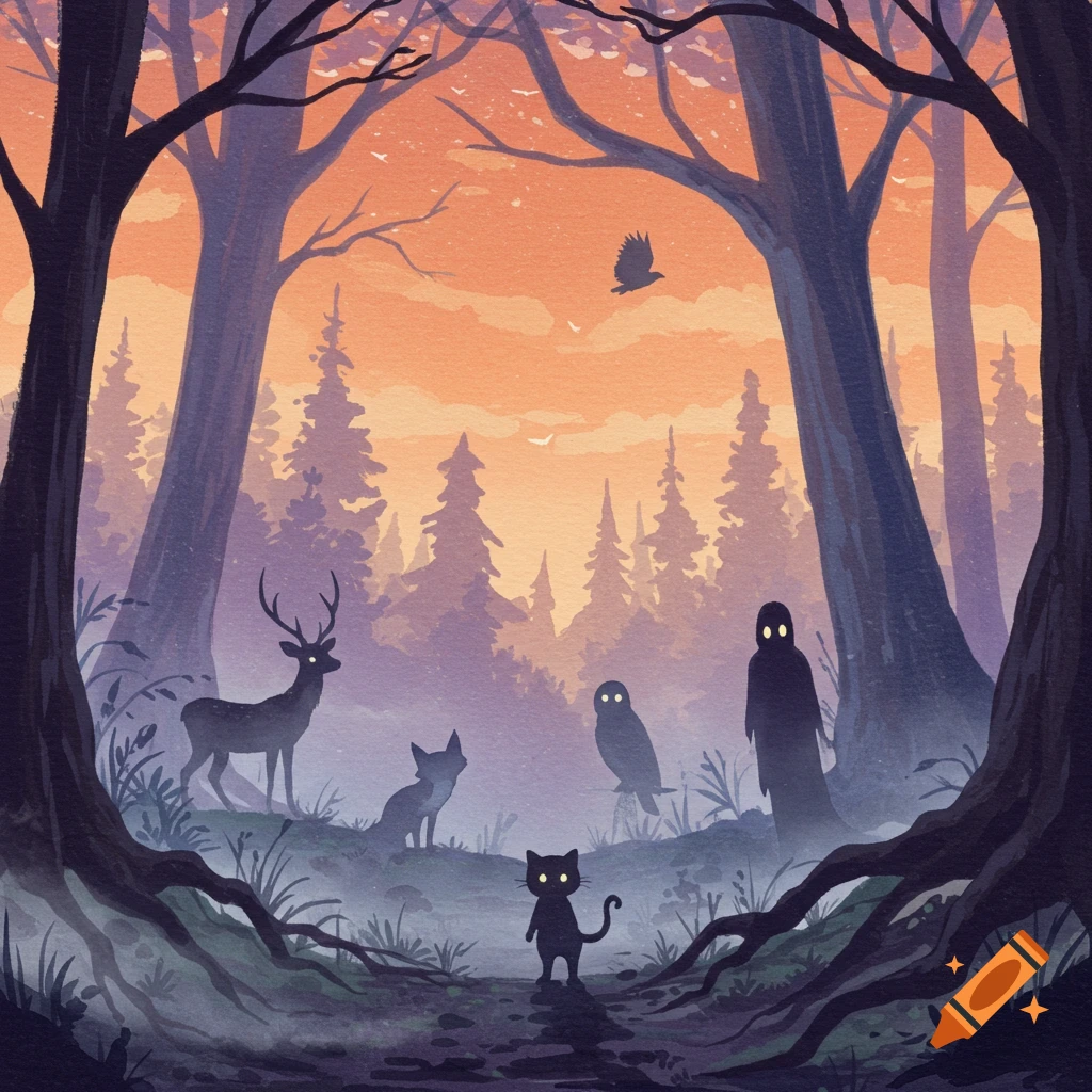 A small black cat with glowing eyes stands on a forest path at twilight, surrounded by mist, trees, and shadowy animals in a watercolor style.