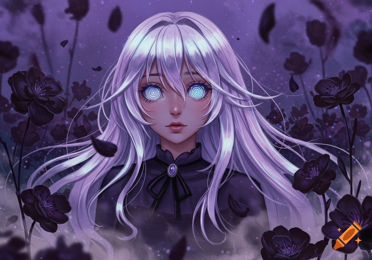 An anime girl with long white hair and glowing blue spiral eyes, wearing a dark dress, surrounded by dark purple flowers and falling petals in a mystical purple setting.