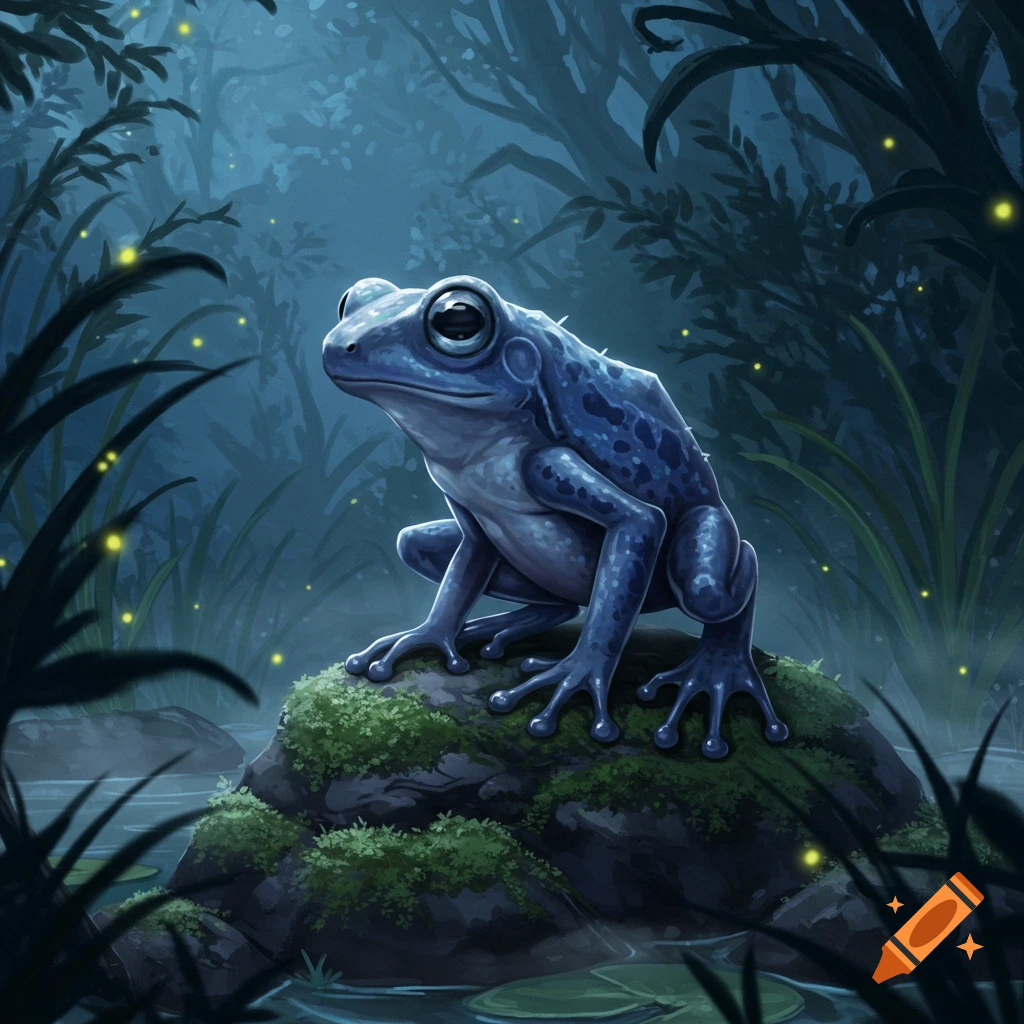 A blue frog with large eyes sits on a mossy rock in a dark, glowing forest at night, surrounded by fireflies.