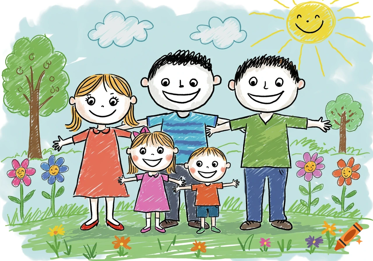 A crayon-style child's drawing of a happy family of five holding hands in a field with flowers and a smiling sun.