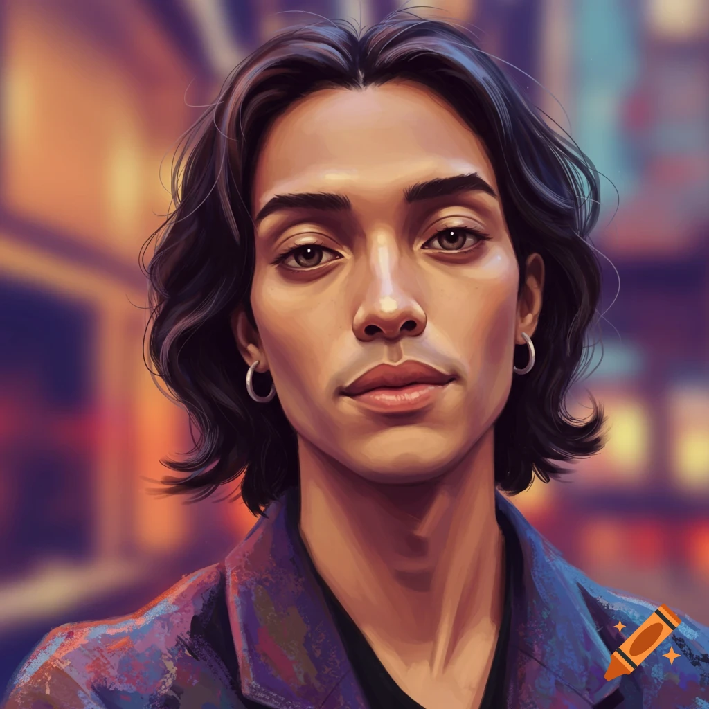 Stylized illustration portrait of a person with dark wavy hair and earrings, wearing a jacket, against a blurred urban background.