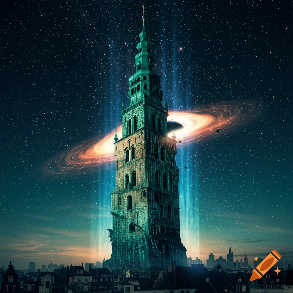 A tall, ancient tower with green spires rises from a city under a starry night, encircled by a glowing ringed galaxy and blue light beams.