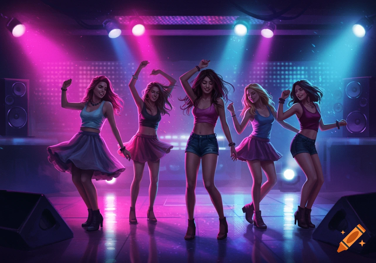 Five young women dance in a vibrant, neon-lit nightclub, digital art.
